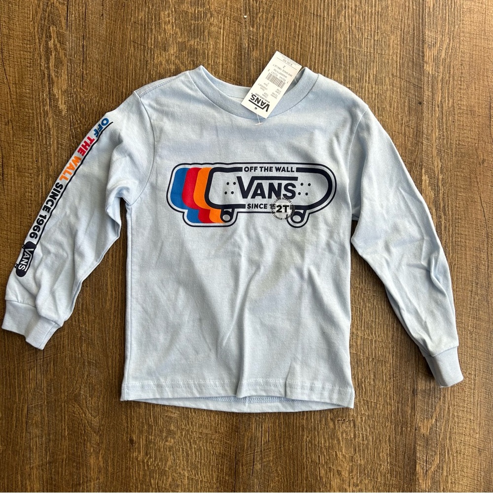 Vans Kids Long Sleeve Tee - Light Blue with Skateboard Graphic 2T toddler